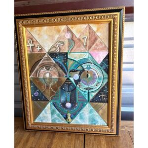 Original Signed Egyptian Mystical Geometric Mixed Media Painting Framed 1999